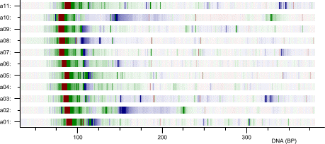 Calibrated colour view of 11 data files, with 3 traces in each file displayed (ROX - red, FAM - green, and HEX - blue)